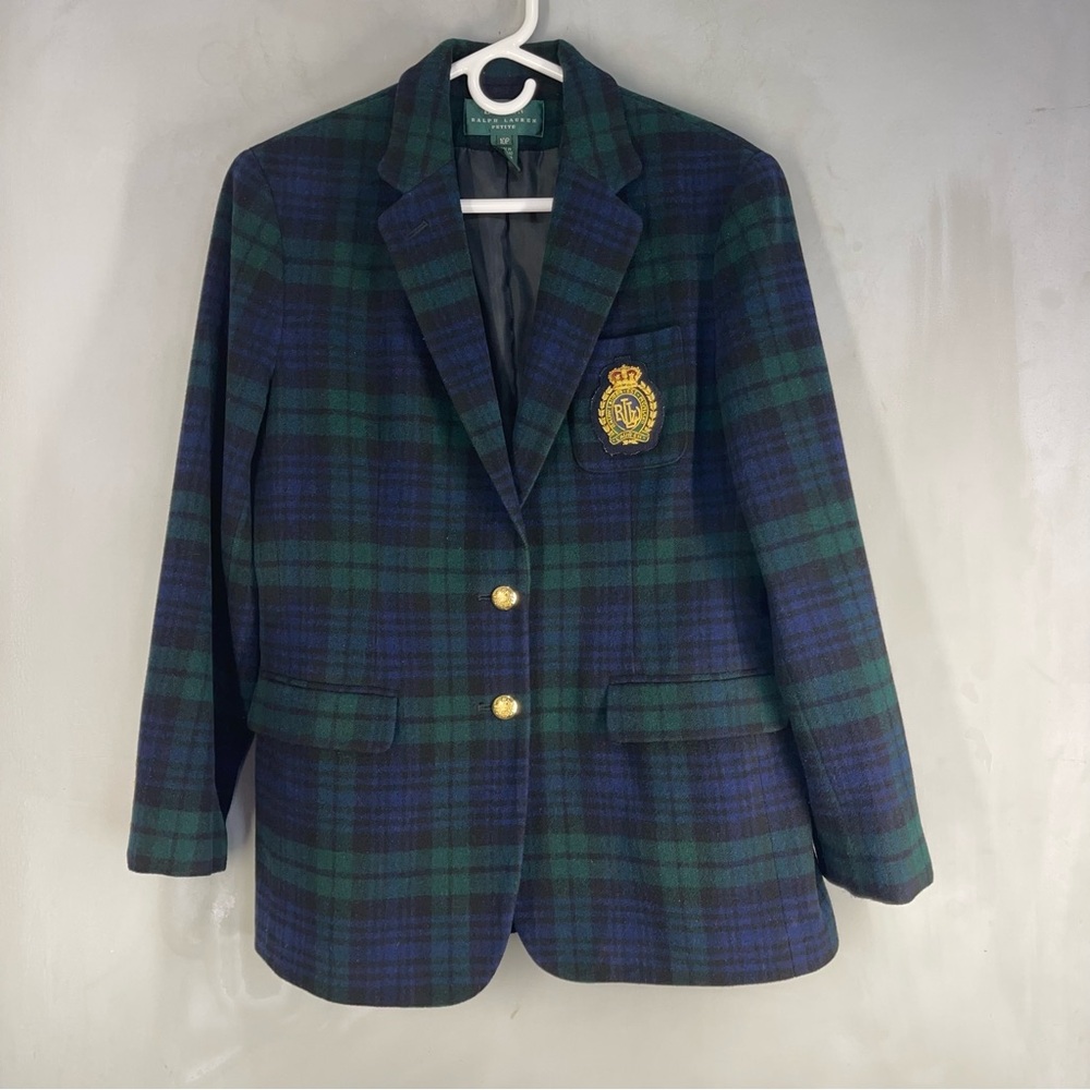 Lauren Ralph Lauren Wool Cashmere Tartan Blazer Green Navy Size 10 Petite - Picture 5 of 17
